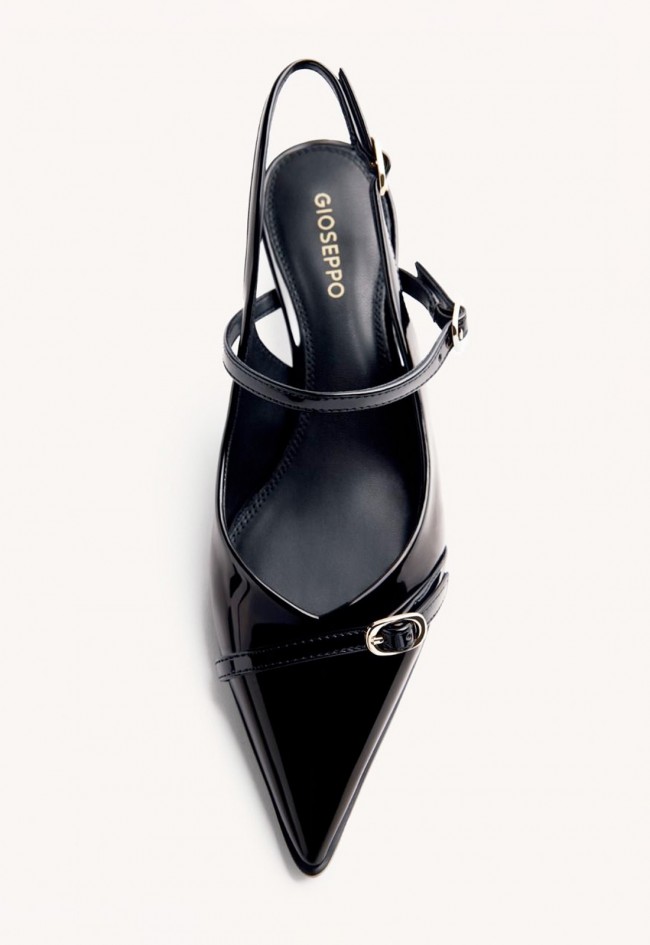 Zapatos destalonados de tacón Gioseppo Sabin efecto charol negro con hebillas elegantes