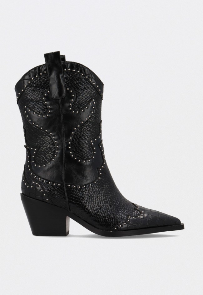 Bota cowboy mujer Noa Harmon 9772-06 negra de piel con textura animal print y tachuelas