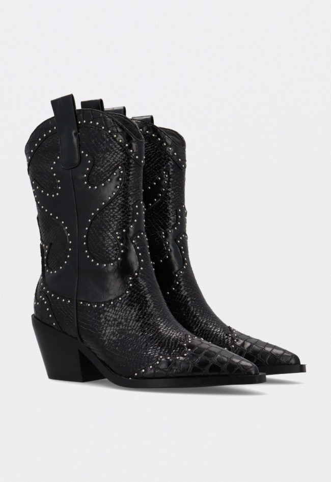 Bota cowboy mujer Noa Harmon 9772-06 negra de piel con textura animal print y tachuelas