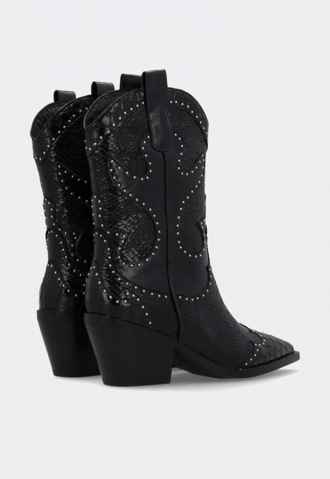 Bota cowboy mujer Noa Harmon 9772-06 negra de piel con textura animal print y tachuelas