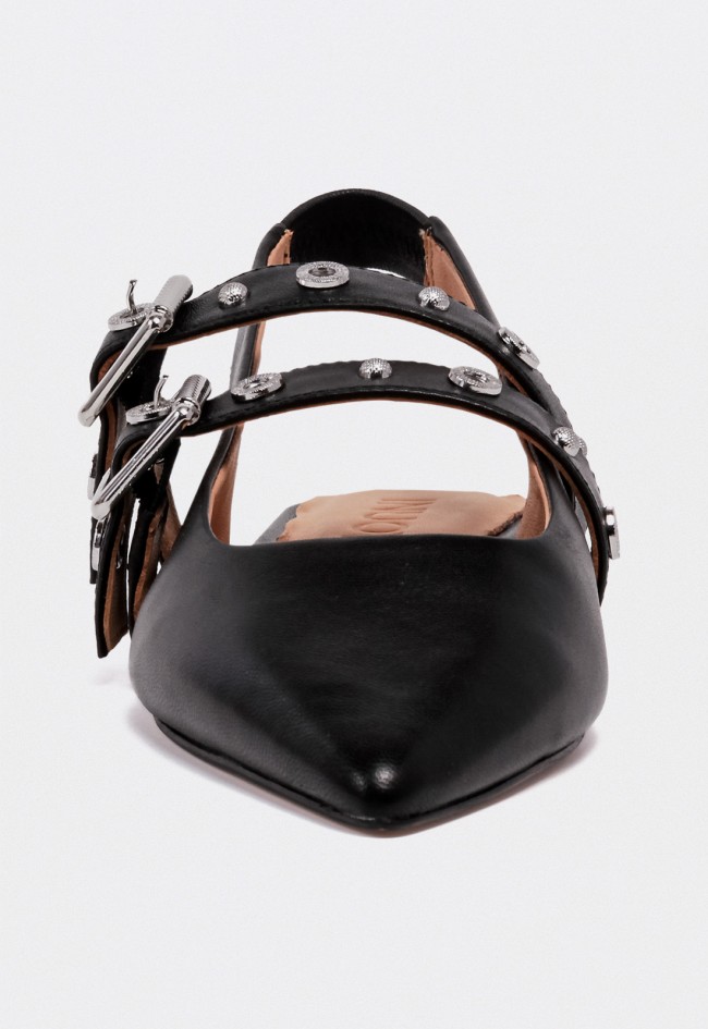 Zapato de mujer destalonado VAS yrn033 de piel negro con doble hebilla metálica, estilo elegante y actual