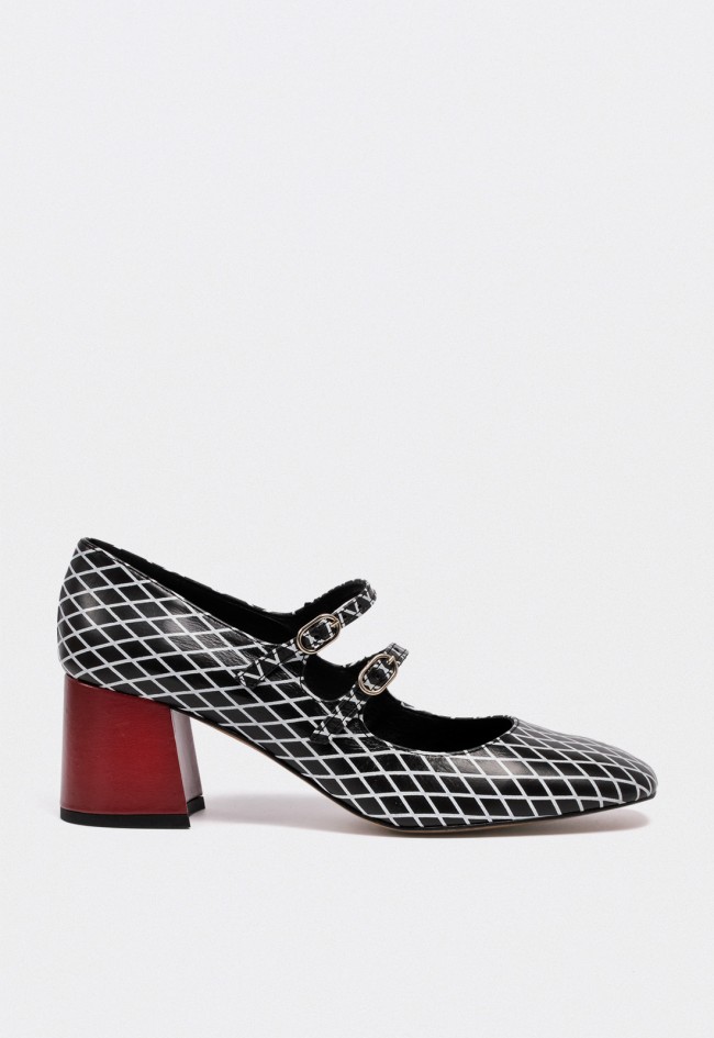 Zapato de mujer de tacón Mary Jane en piel negra estampada Glo Petra – Elegancia geométrica