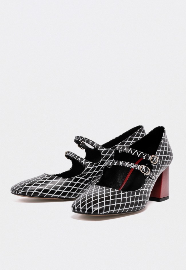 Zapato de mujer de tacón Mary Jane en piel negra estampada Glo Petra – Elegancia geométrica