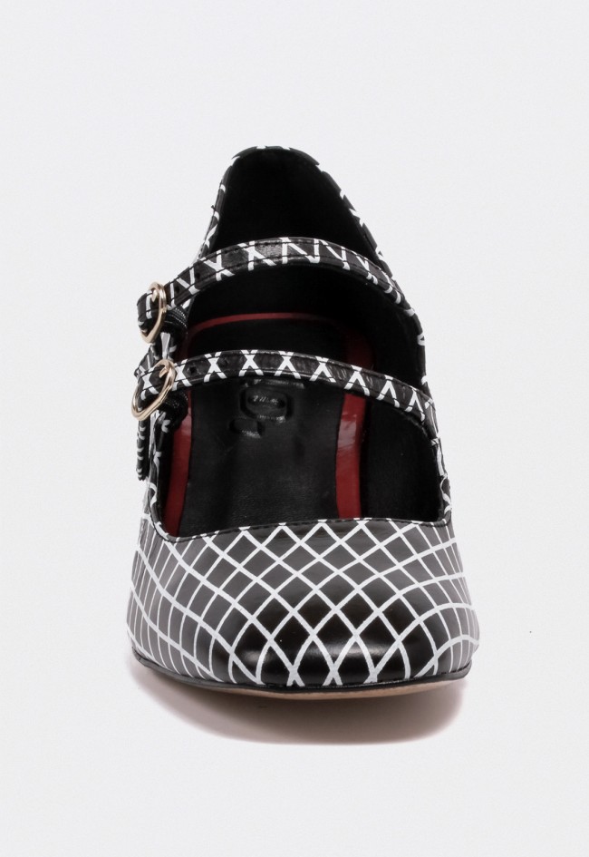 Zapato de mujer de tacón Mary Jane en piel negra estampada Glo Petra – Elegancia geométrica