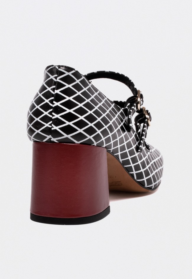 Zapato de mujer de tacón Mary Jane en piel negra estampada Glo Petra – Elegancia geométrica