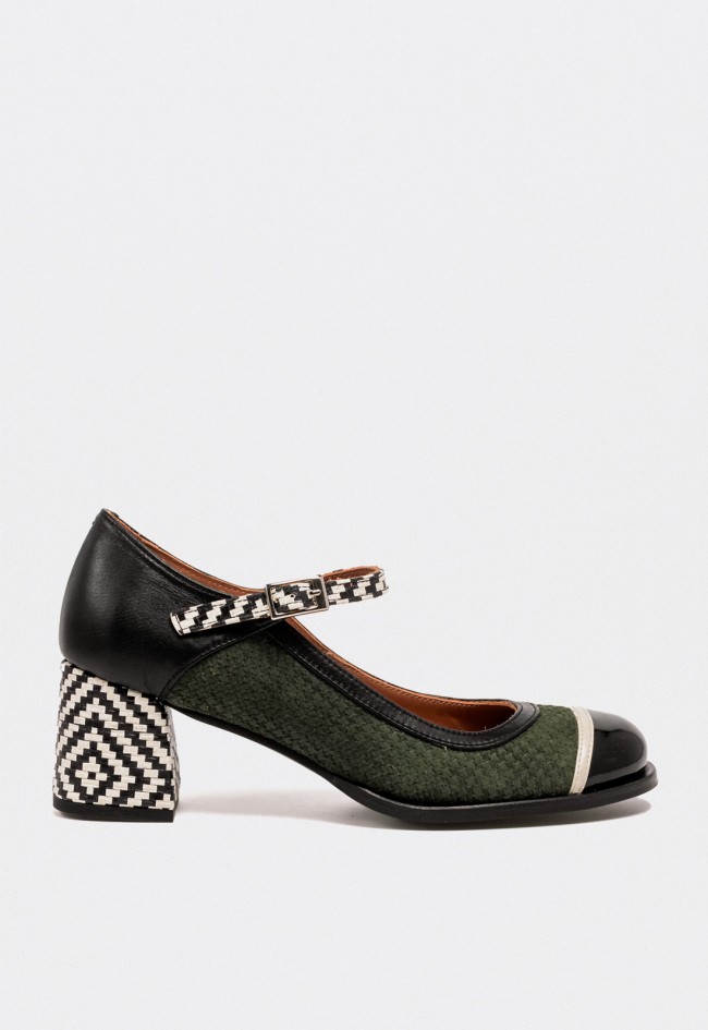 Zapato de mujer estilo Mary Jane en piel verde y negro con tacón estampado Nemonic 2054 – Diseño artesanal Made in Spain