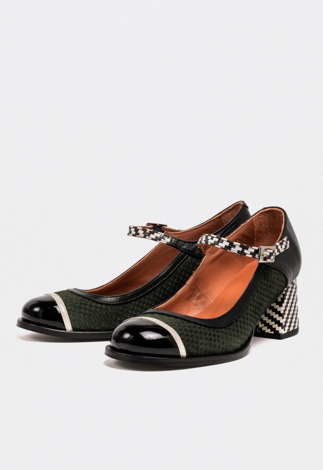 Zapato de mujer estilo Mary Jane en piel verde y negro con tacón estampado Nemonic 2054 – Diseño artesanal Made in Spain