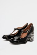 Zapato de mujer de tacón en piel charol negra Nemonic 2483 – Estilo Mary Jane con tacón geométrico Made in Spain