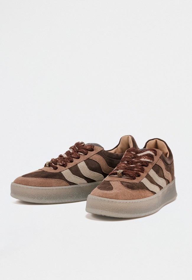 Zapatilla retro de mujer en piel taupe Meline 10p-sbt – Sneaker italiana con aire vintage