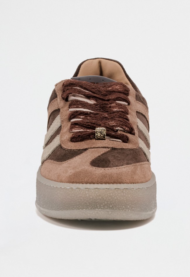 Zapatilla retro de mujer en piel taupe Meline 10p-sbt – Sneaker italiana con aire vintage