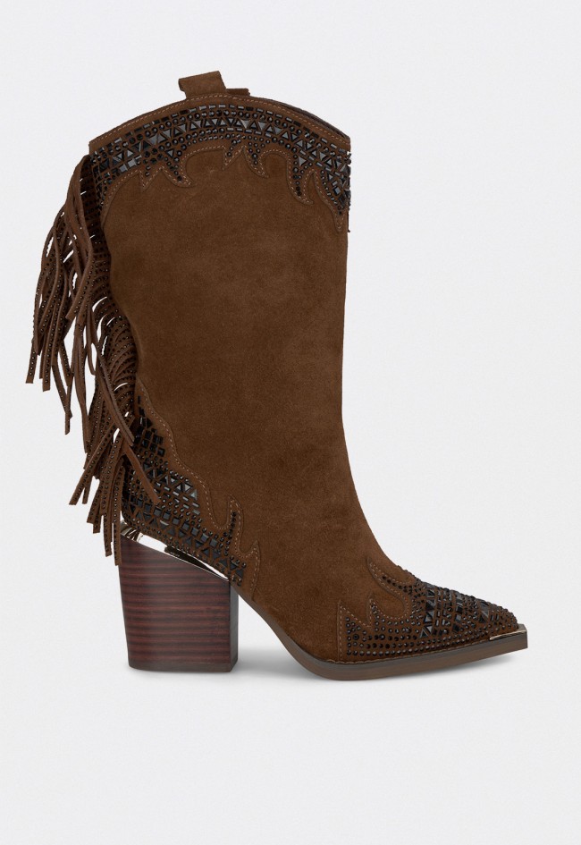 Bota cowboy de mujer Alma en Pena 827 camel con flecos y detalles de tachuelas