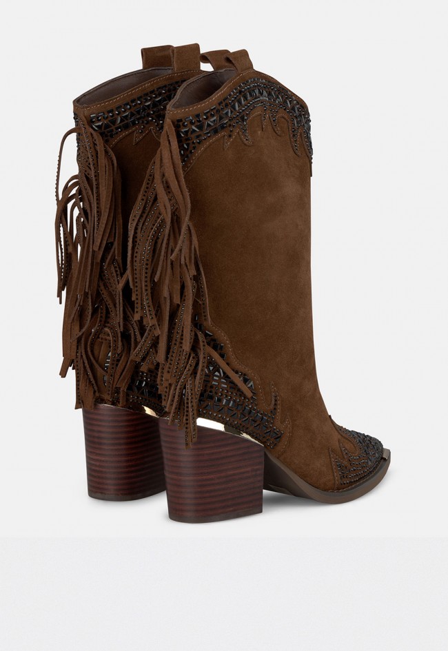 Bota cowboy de mujer Alma en Pena 827 camel con flecos y detalles de tachuelas