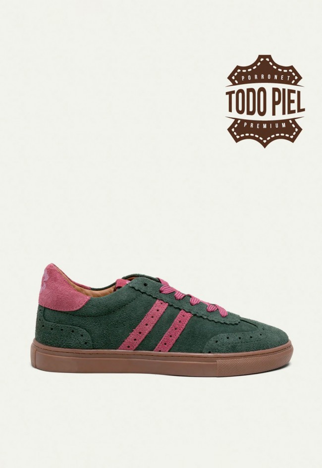 Zapatillas Porronet Berlin de mujer en serraje verde y rosa con estilo retro sport Made in Spain
