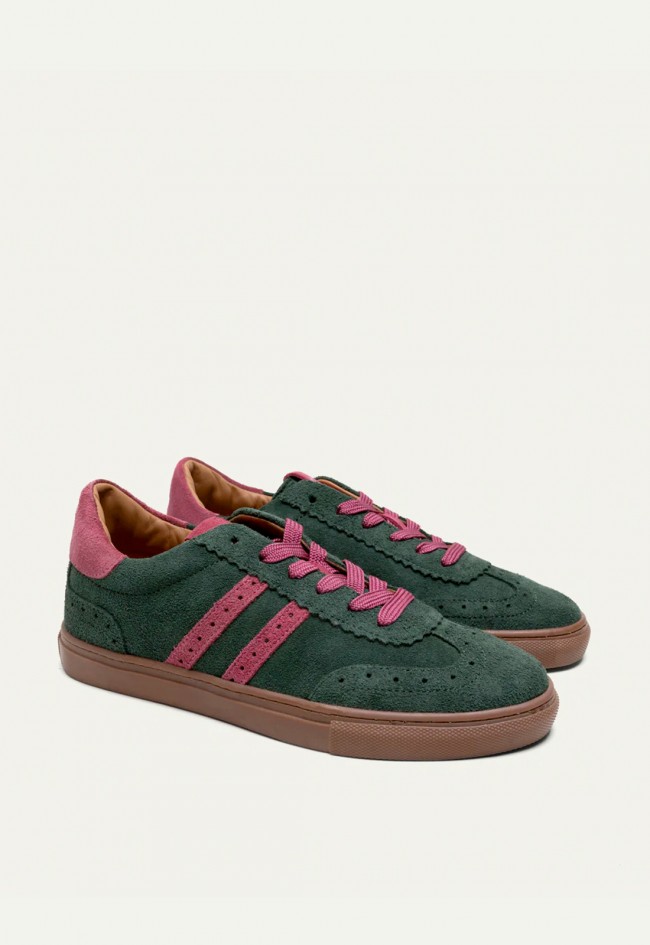 Zapatillas Porronet Berlin de mujer en serraje verde y rosa con estilo retro sport Made in Spain