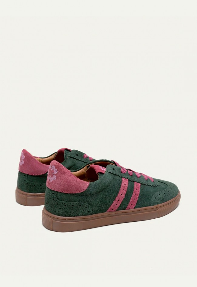 Zapatillas Porronet Berlin de mujer en serraje verde y rosa con estilo retro sport Made in Spain