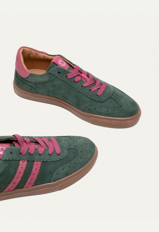 Zapatillas Porronet Berlin de mujer en serraje verde y rosa con estilo retro sport Made in Spain