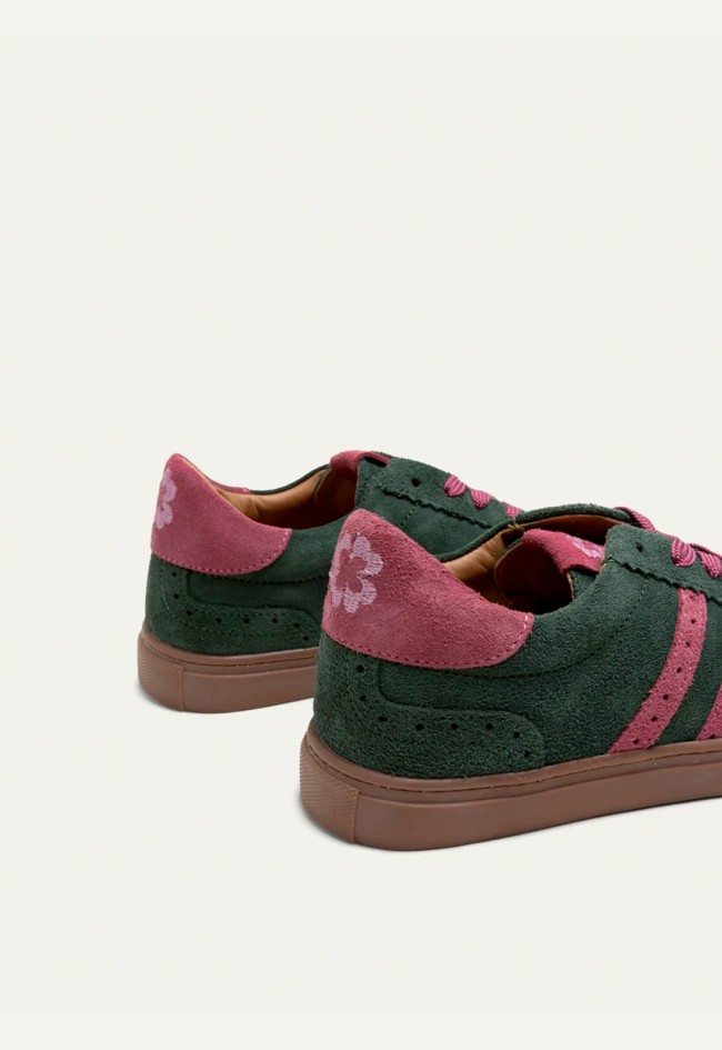 Zapatillas Porronet Berlin de mujer en serraje verde y rosa con estilo retro sport Made in Spain