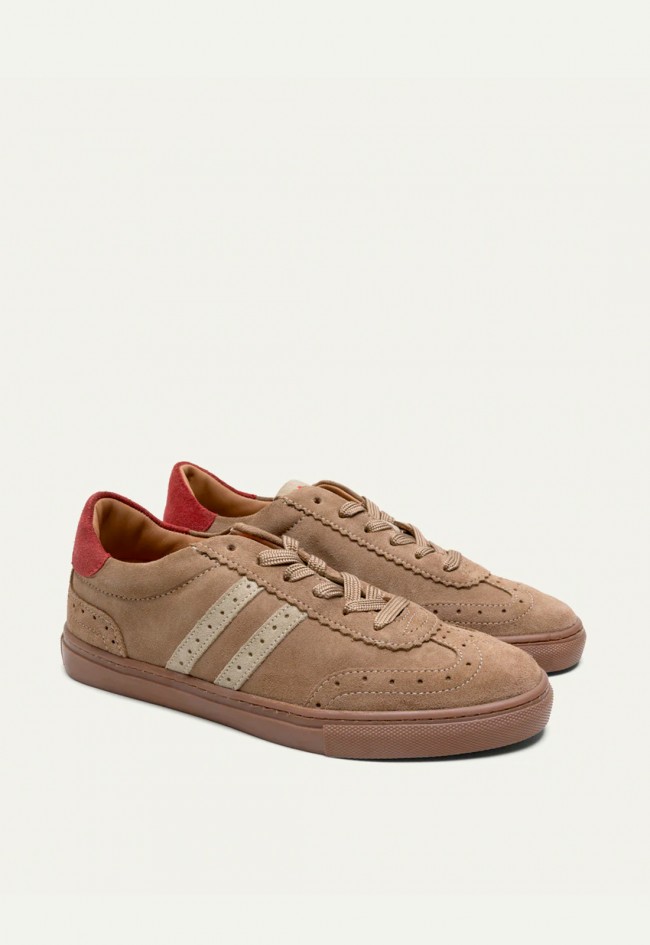 Zapatillas Porronet Paris de mujer en serraje taupe, beige y rojo estilo retro sport Made in Spain