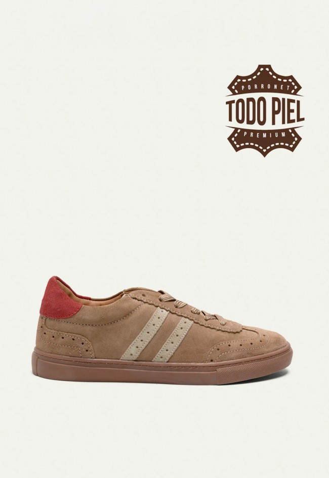 Zapatillas Porronet Paris de mujer en serraje taupe, beige y rojo estilo retro sport Made in Spain