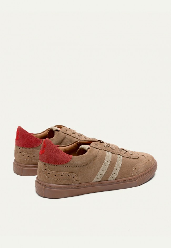 Zapatillas Porronet Paris de mujer en serraje taupe, beige y rojo estilo retro sport Made in Spain