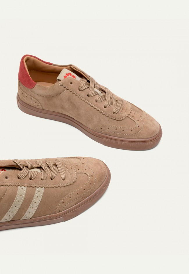Zapatillas Porronet Paris de mujer en serraje taupe, beige y rojo estilo retro sport Made in Spain
