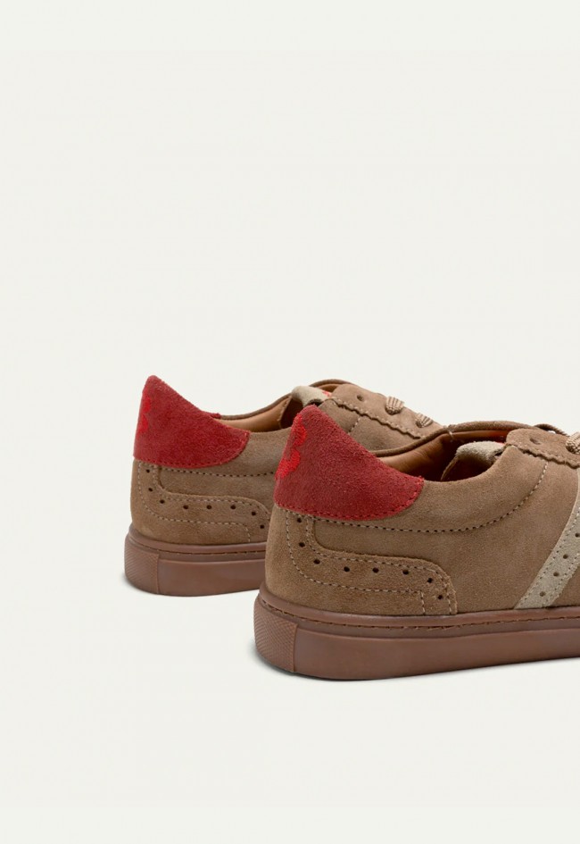 Zapatillas Porronet Paris de mujer en serraje taupe, beige y rojo estilo retro sport Made in Spain