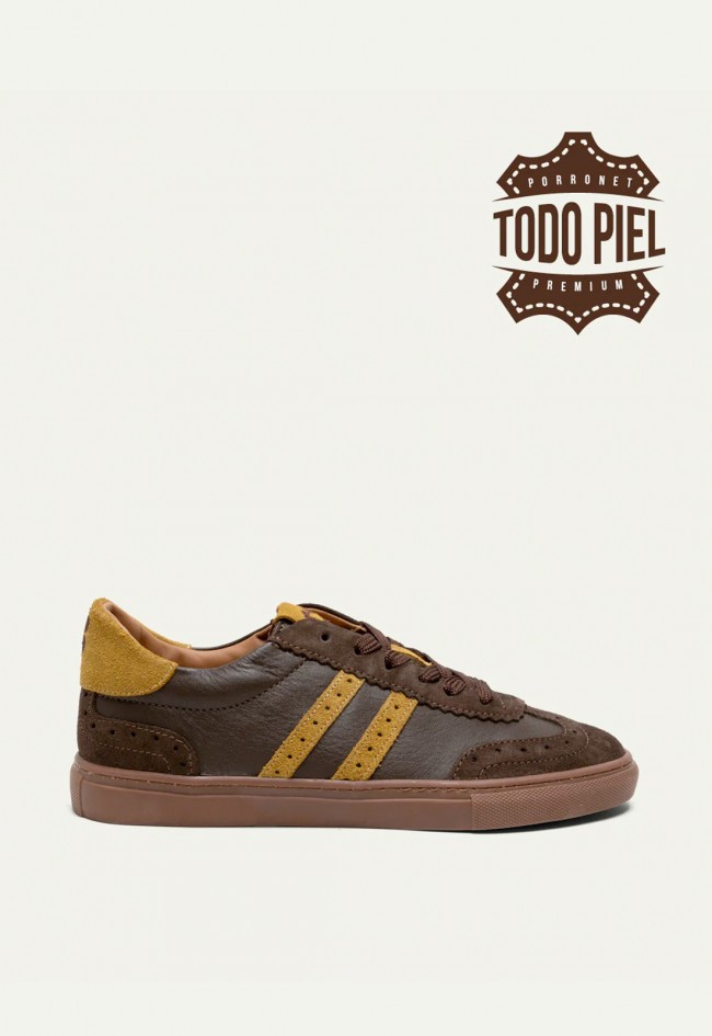 Zapatillas Porronet Madrid de mujer en serraje moka y mostaza estilo retro sport Made in Spain