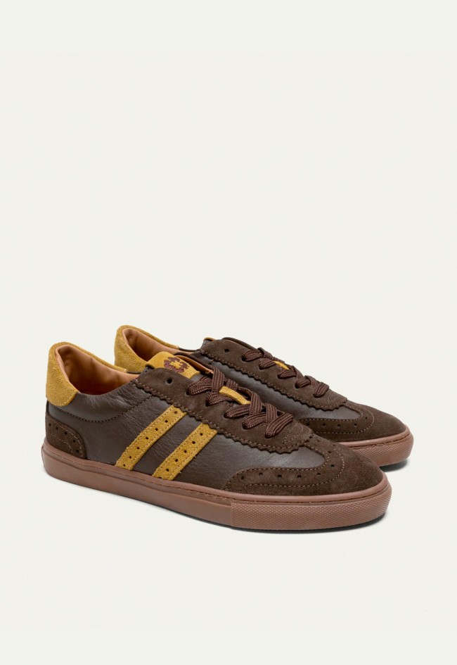 Zapatillas Porronet Madrid de mujer en serraje moka y mostaza estilo retro sport Made in Spain