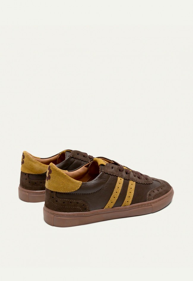 Zapatillas Porronet Madrid de mujer en serraje moka y mostaza estilo retro sport Made in Spain