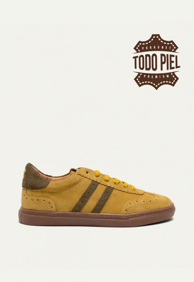 Zapatillas Porronet Viena de mujer en serraje verde y mostaza estilo retro sport Made in Spain