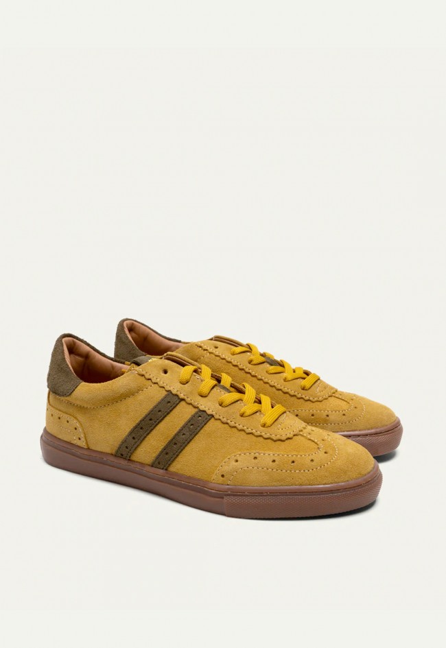 Zapatillas Porronet Viena de mujer en serraje verde y mostaza estilo retro sport Made in Spain