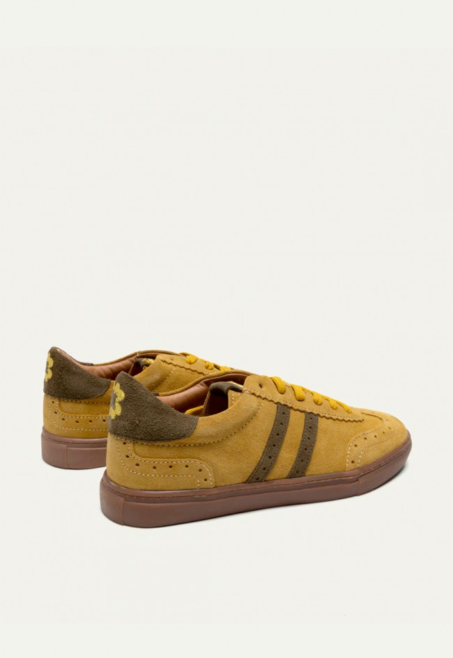 Zapatillas Porronet Viena de mujer en serraje verde y mostaza estilo retro sport Made in Spain