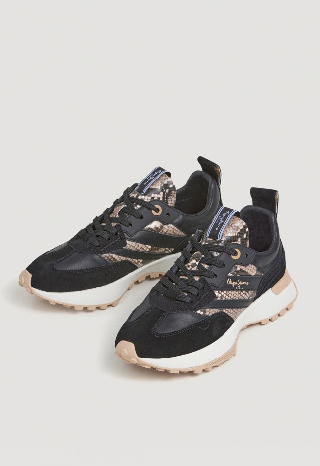 Zapatillas Pepe Jeans PLS600019 de mujer en piel serraje y animal print negro