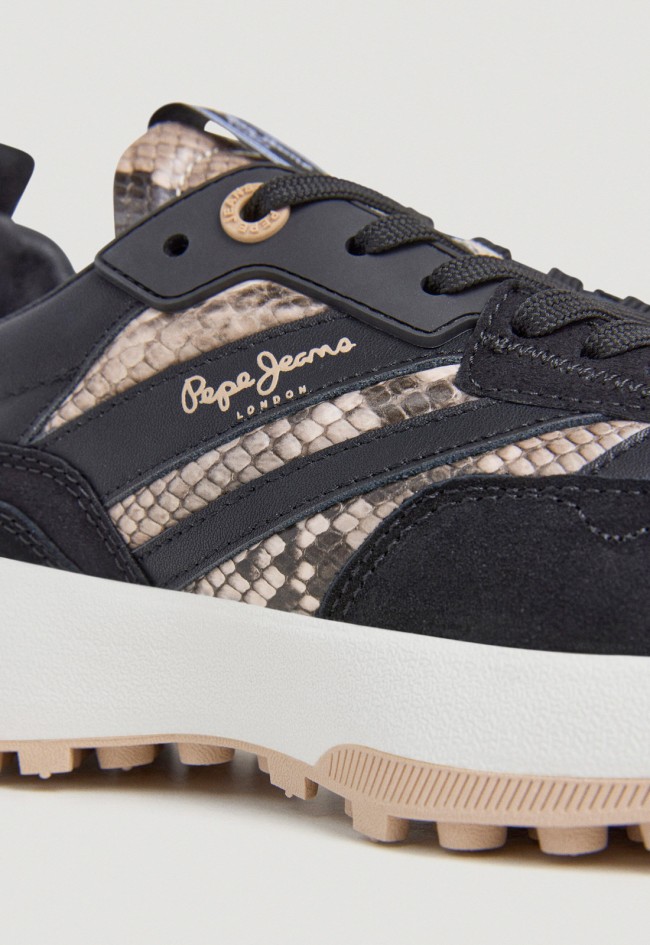 Zapatillas Pepe Jeans PLS600019 de mujer en piel serraje y animal print negro