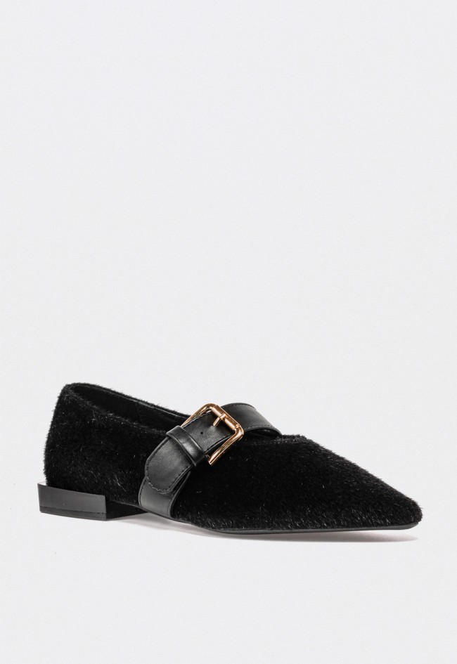 Zapatos planos mujer TOP 3 negros con diseño textil elegante y hebilla dorada