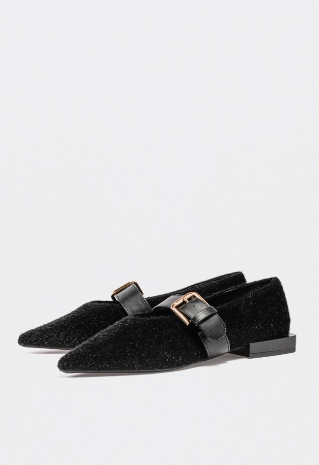 Zapatos planos mujer TOP 3 negros con diseño textil elegante y hebilla dorada