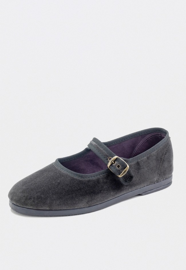 Bailarina Natural World Loire de mujer en terciopelo gris con hebilla – sostenible y vegana