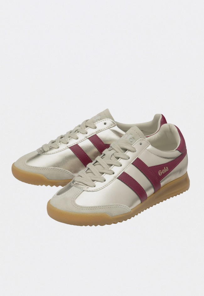 Zapatillas mujer Gola Torpedo Glimmer doradas con logo fucsia retro
