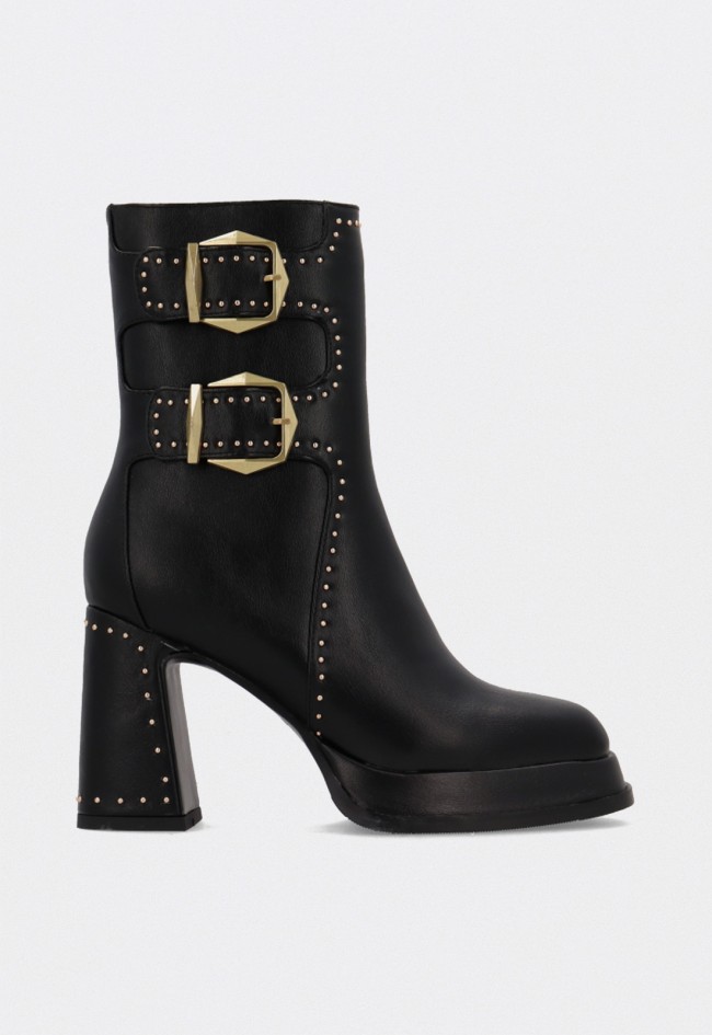 Botines plataforma mujer Noa Harmon 10130-06 negros con tachuelas y hebillas doradas
