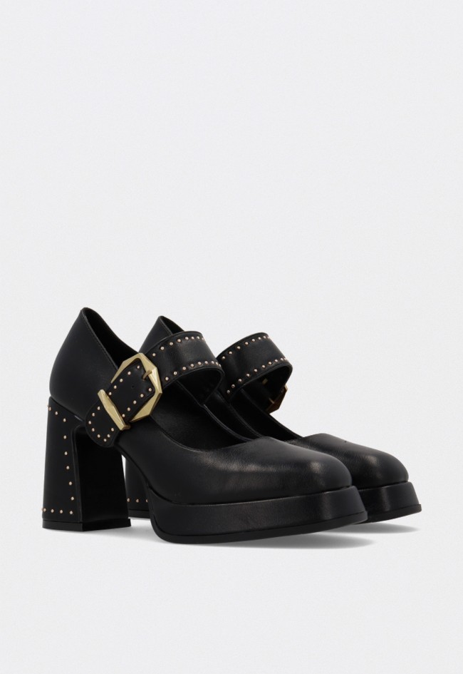 Zapatos de mujer Noa Harmon negros de plataforma con tacón ancho y hebillas doradas
