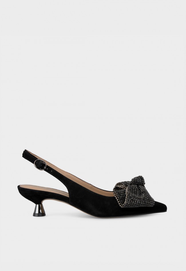 Zapato destalonado mujer Alma en Pena 525 piel negra con lazo joya y tacón bajo