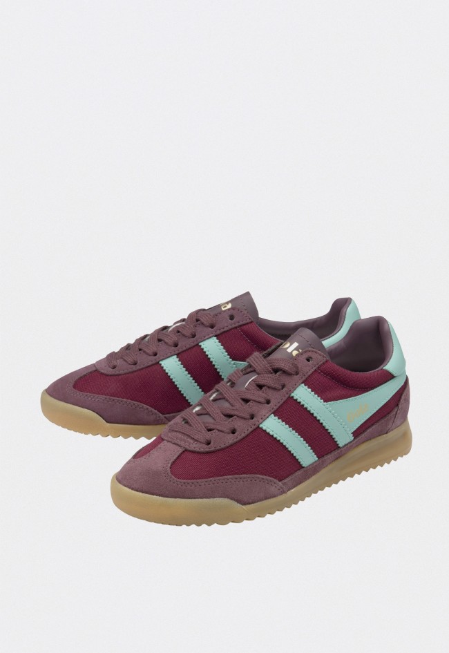 Zapatillas Gola Tornado mujer burdeos y verde retro con suela de goma