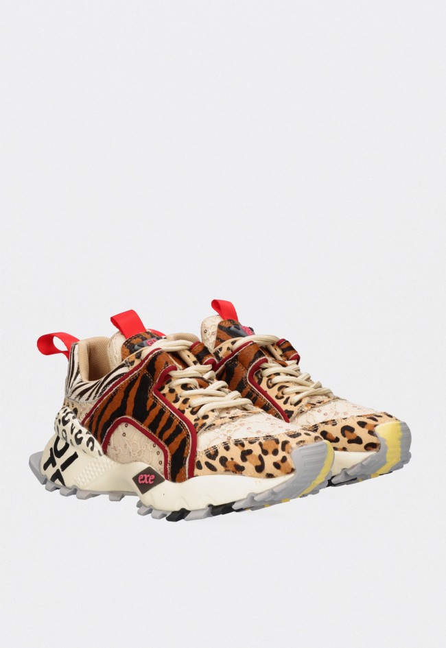 Zapatillas chunky Exé Leopard Tan Black en piel con estampado animal print