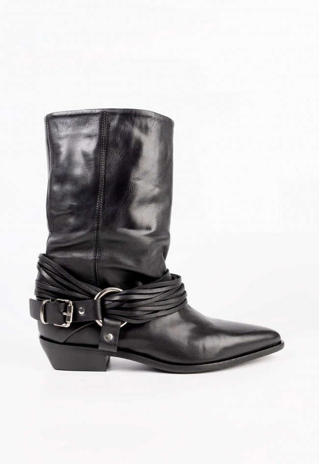 Botines cowboy de mujer negros Mimmu Daisy en piel efecto arrugado con hebilla fashion