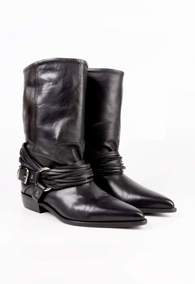 Botines cowboy de mujer negros Mimmu Daisy en piel efecto arrugado con hebilla fashion