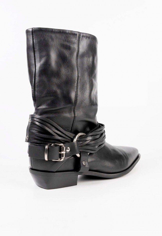 Botines cowboy de mujer negros Mimmu Daisy en piel efecto arrugado con hebilla fashion