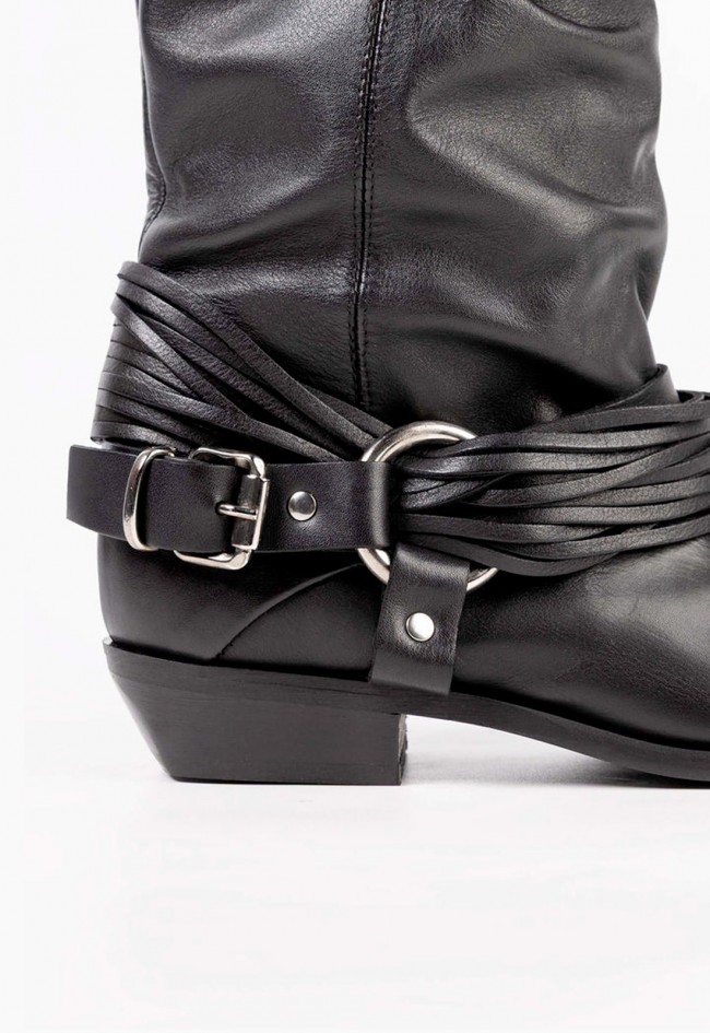 Botines cowboy de mujer negros Mimmu Daisy en piel efecto arrugado con hebilla fashion