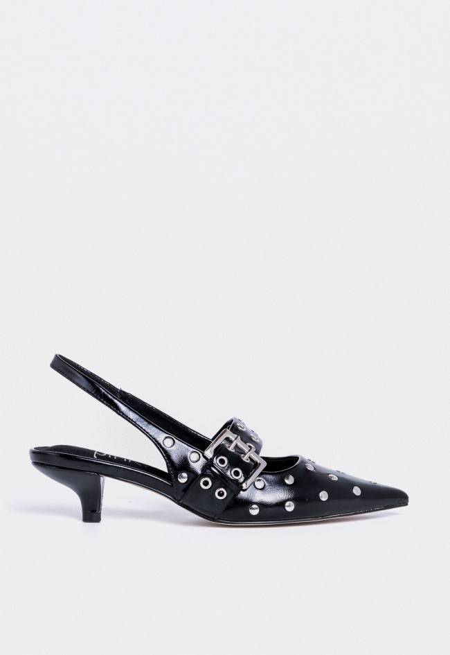 Zapatos destalonados negros de mujer Why Pink? m5772 en piel sintética con tachuelas y hebilla