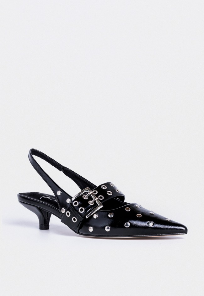 Zapatos destalonados negros de mujer Why Pink? m5772 en piel sintética con tachuelas y hebilla