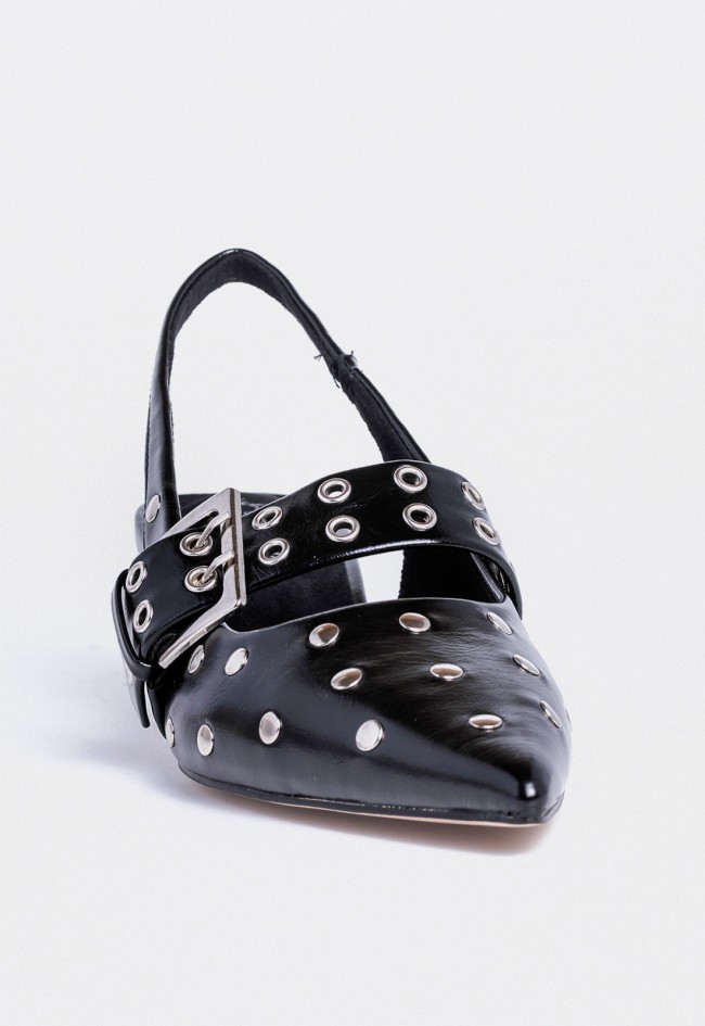 Zapatos destalonados negros de mujer Why Pink? m5772 en piel sintética con tachuelas y hebilla